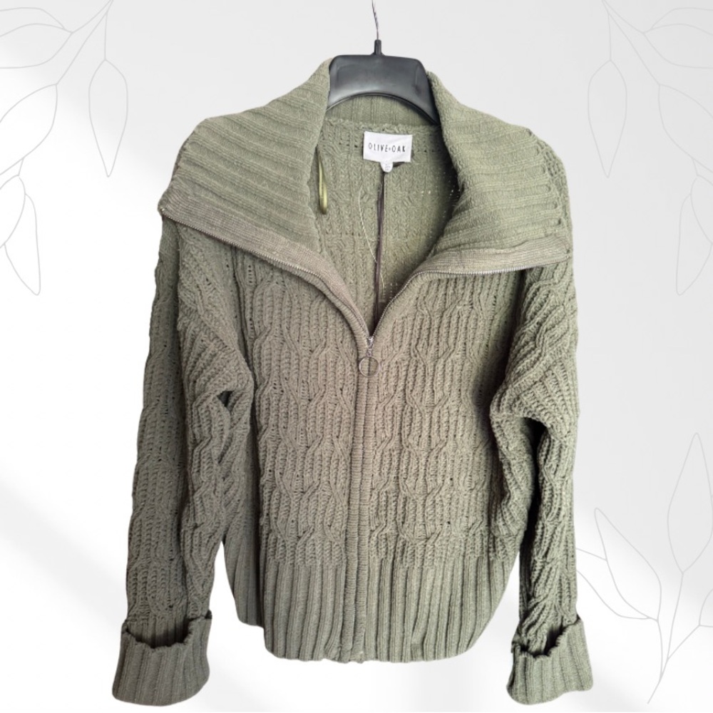 Olive & Oak Olive Green Zip Front Cable Knit Chunky Cardigan Sweater Large NWT